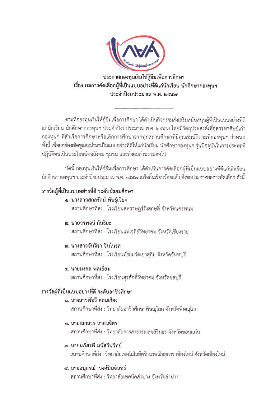 ประกาศผลการคัดเลือกผู้ที่เป็นแบบอย่างที่ดีแก่นักเรียน นักศึกษากองทุนฯ ประจำปีงบประมาณ พ.ศ. 2557