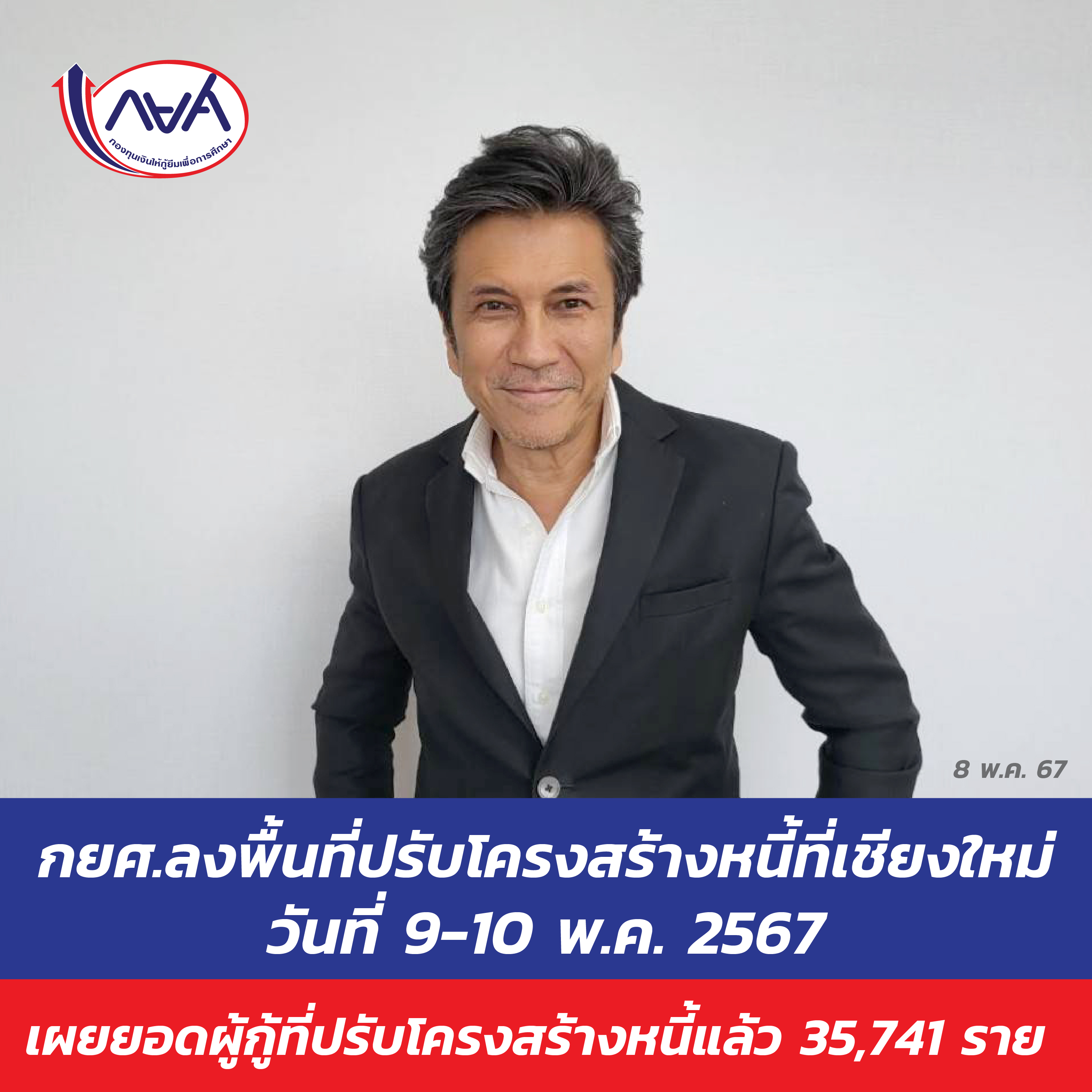 กยศ. ลงพื้นที่ทำสัญญาปรับโครงสร้างหนี้ที่จังหวัดเชียงใหม่ ระหว่างวันที่ 9 – 10 พ.ค. 67 เผยยอดผู้กู้ยืมที่ปรับโครงสร้างหนี้แล้ว  