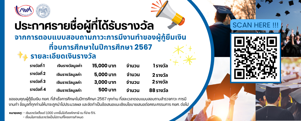 ประกาศรายชื่อผู้โชคดีที่ได้รับรางวัลจากการร่วมตอบแบบสอบถาม “สำรวจภาวะการมีงานทำ สำหรับผู้กู้ยืมเงิน กยศ.