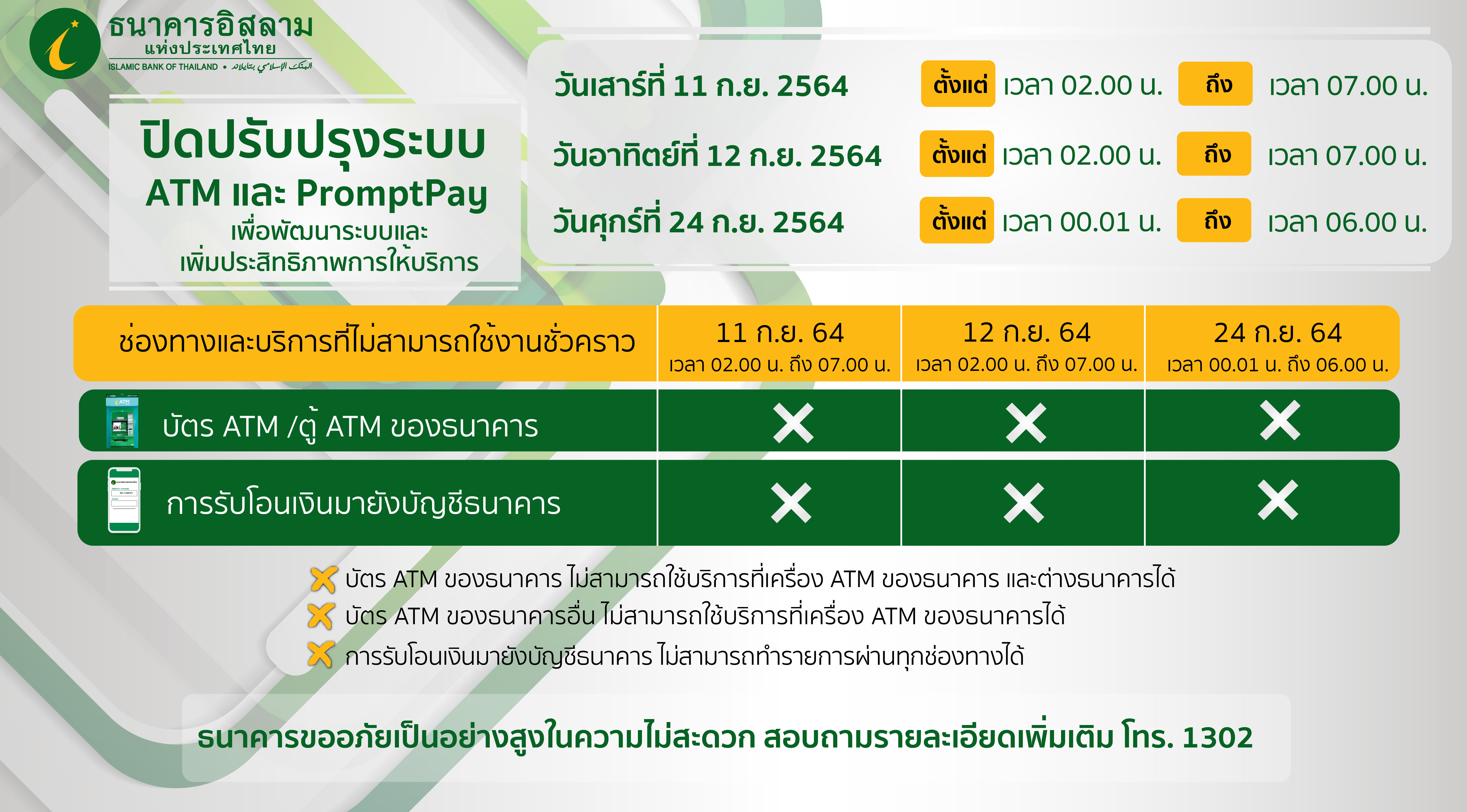 ธนาคารอิสลามแห่งประเทศไทย ประกาศปิดปรับปรุงระบบ ATM/Prompt Pay เพื่อพัฒนาระบบและเพิ่มประสิทธิภาพการให้บริการ