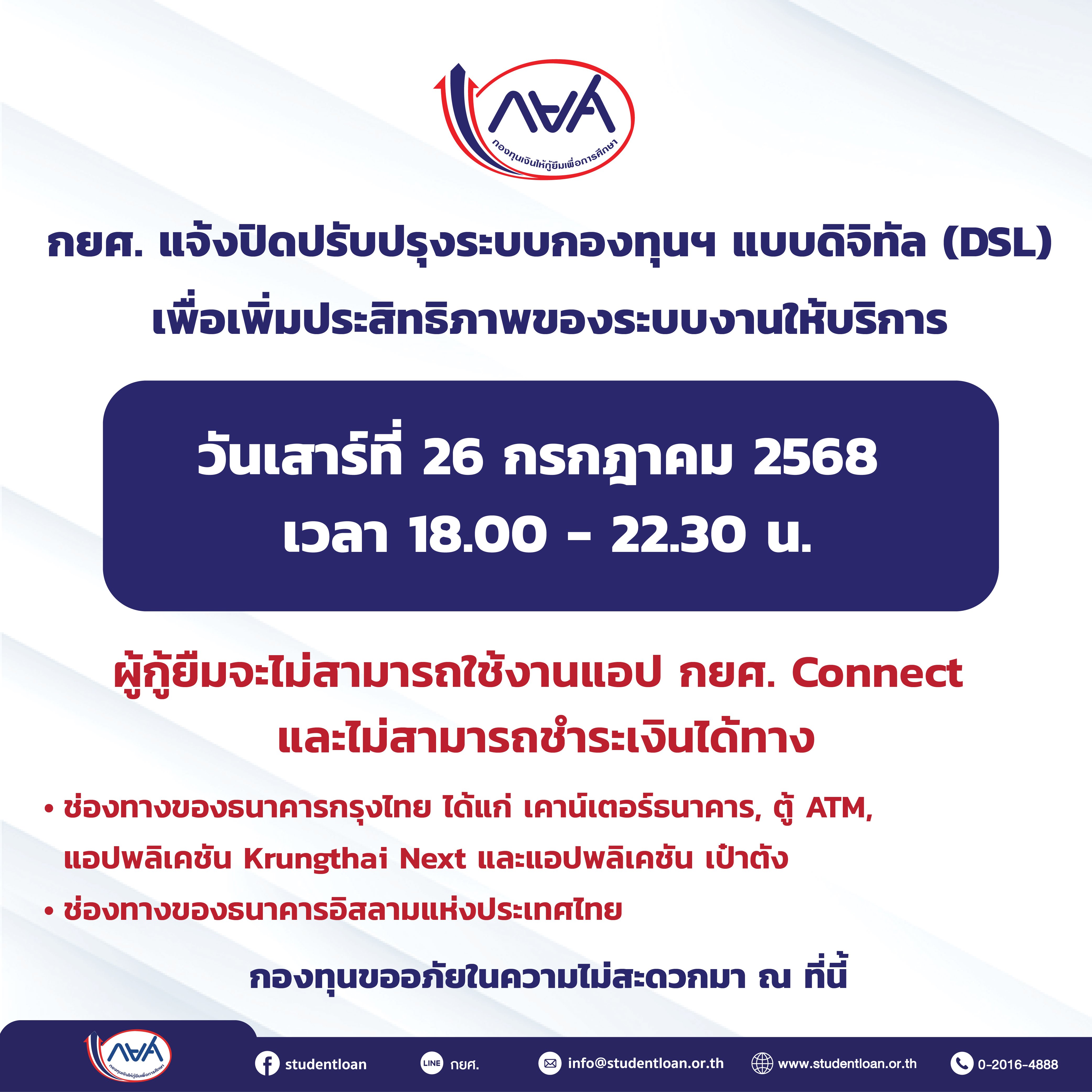 แจ้งปิดปรับปรุงระบบกองทุนฯ วันที่ 26 กรกฎาคม 2568 เวลา 18.00 - 22.30 น.