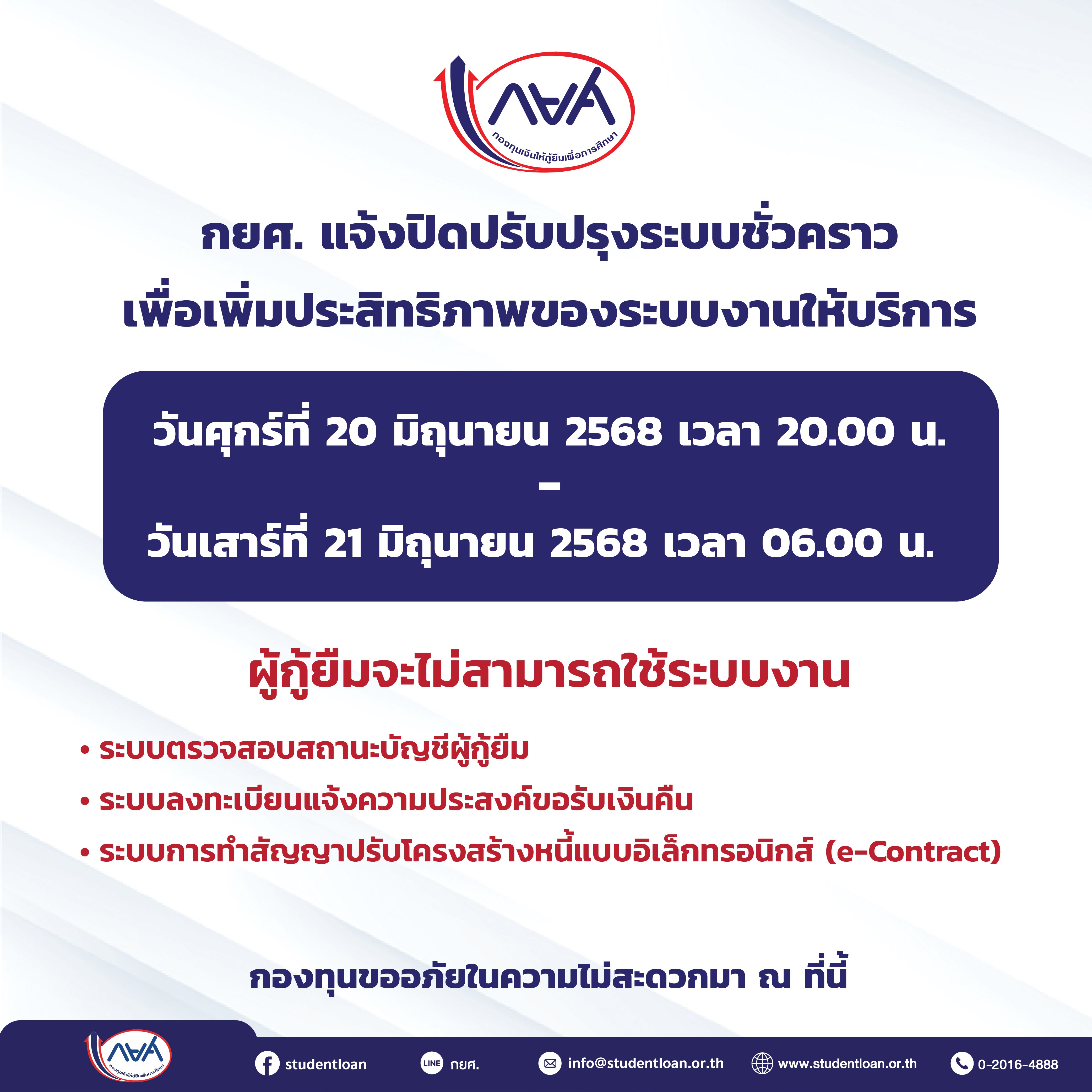 กยศ. แจ้งปิดปรับปรุงระบบชั่วคราว เพื่อเพิ่มประสิทธิภาพของระบบงานให้บริการ