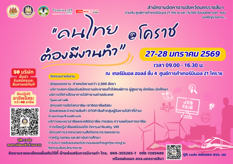 กยศ. ร่วมขับเคลื่อนโอกาสในงาน “คนไทย ต้องมีงานทำ” @โคราช เสริมสร้างอาชีพให้ผู้กู้ยืมเงิน ระหว่างวันที่ 27 – 28 ม.ค. 69