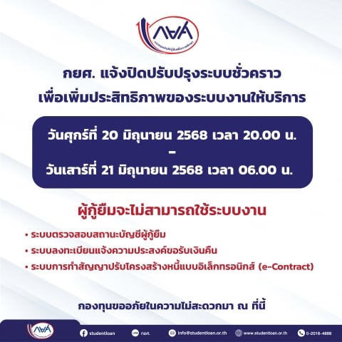 กยศ. แจ้งปิดปรับปรุงระบบชั่วคราว เพื่อเพิ่มประสิทธิภาพของระบบงานให้บริการ